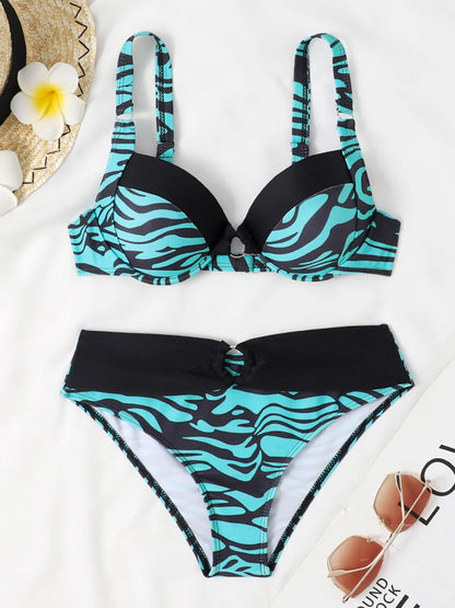 2pcs Women Ring Link Bikini Zebra Stripe Swimsuit Bathing Swim Suit