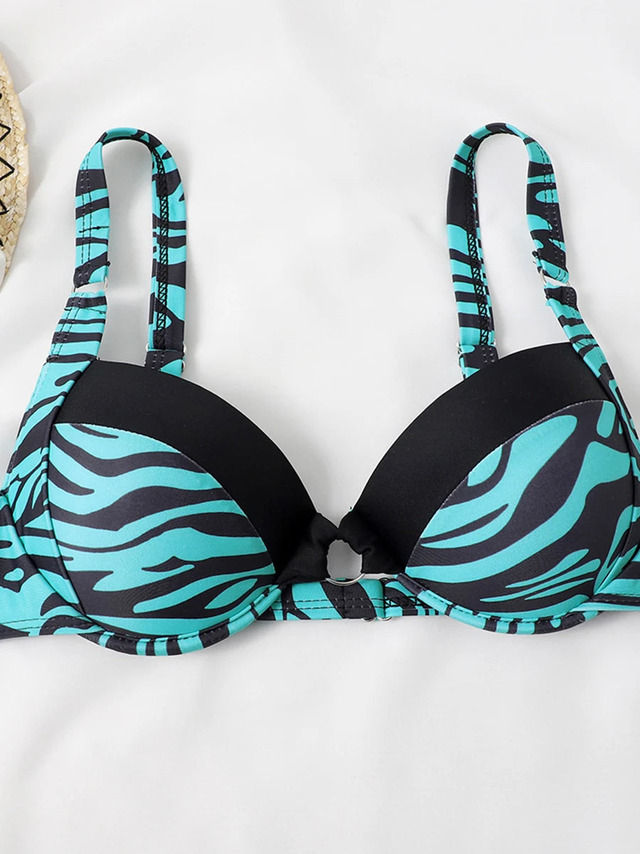 2pcs Women Ring Link Bikini Zebra Stripe Swimsuit Bathing Swim Suit