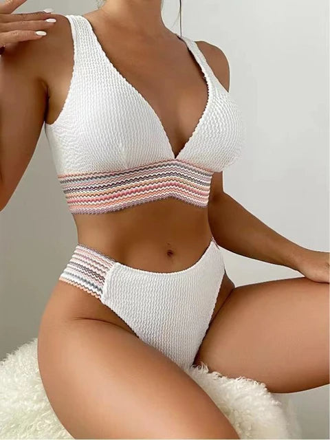 2pcs Women Sporty Deep V Bikini Ribbed Swimsuit Solid Bathing Swimming Suit