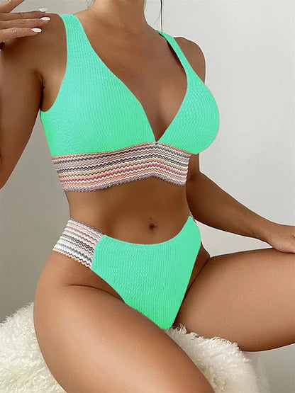 2pcs Women Sporty Deep V Bikini Ribbed Swimsuit Solid Bathing Swimming Suit