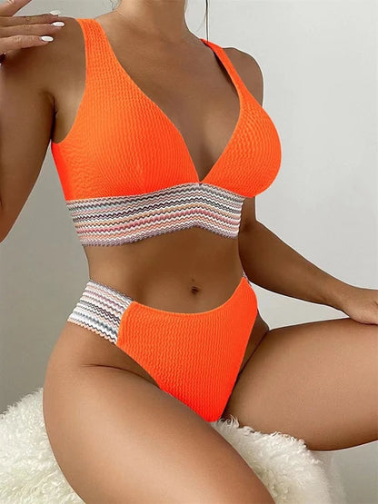 2pcs Women Sporty Deep V Bikini Ribbed Swimsuit Solid Bathing Swimming Suit