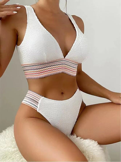 2pcs Women Sporty Deep V Bikini Ribbed Swimsuit Solid Bathing Swimming Suit