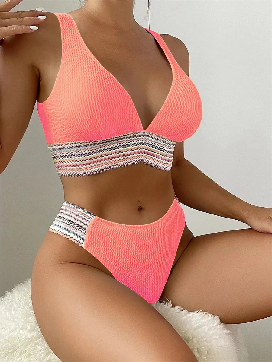 2pcs Women Sporty Deep V Bikini Ribbed Swimsuit Solid Bathing Swimming Suit