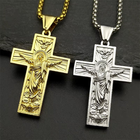 Women Men Gold Color Chain Religious Crucifix Amulet Stainless Steel Cross Jesus Pendant Necklace