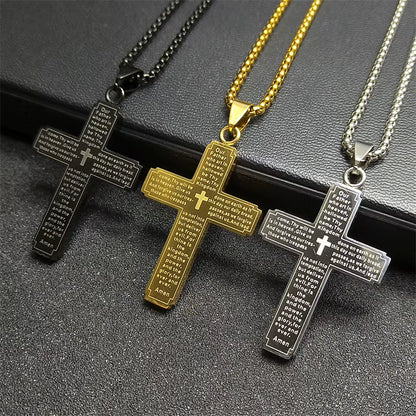 Women Men Stainless Steel Gold Color Religion Prayer Catholic Scriptures Cross Bible Pendant Necklace