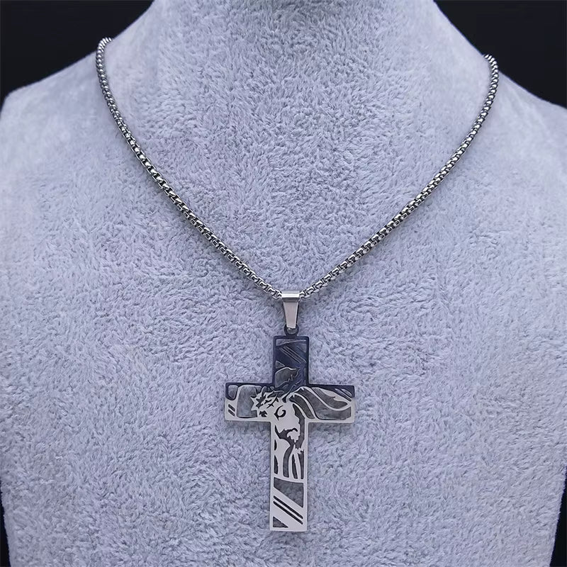 Men Stainless Steel Crucifix Jesus Christ God Cross Crown of Thorns Chain Necklace