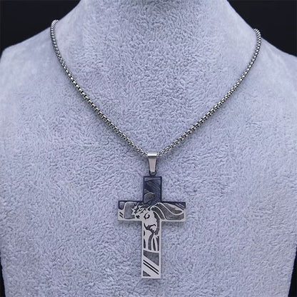 Men Stainless Steel Crucifix Jesus Christ God Cross Crown of Thorns Chain Necklace