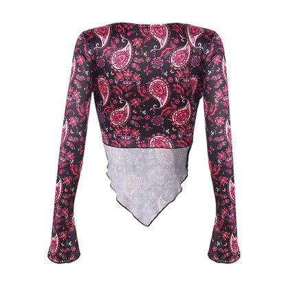 Printed V-Neck Long-Sleeved Navel Sexy Tops T-Shirt