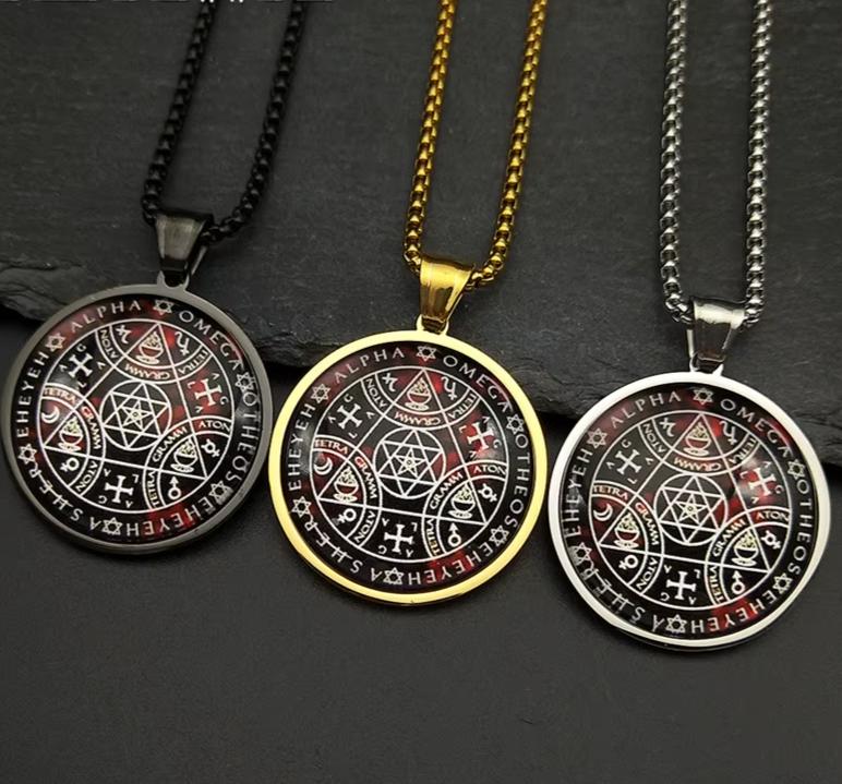 Women Men Stainless Steel Gold Color Archangel Kabbalah Talisman Key of Solomon Sigil Glass Round Medal Necklace