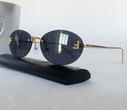 Women Fashion Rimless UV400 Oval Diamond F Letter Sunglasses Eyewear