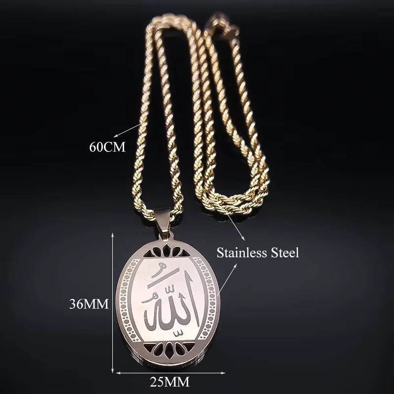 Men Gold Color Stainless Steel Statement Muslim Islamic Quran Allah Chain Necklace