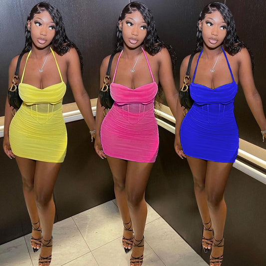 Sexy Fashion Sling Mesh Two-Piece Nightclub Tops Short Skirt Suits
