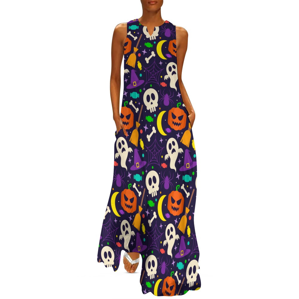 Women Halloween Pumpkins Skulls Prints Sleeveless Long Maxi Evening Party Dress Lg02