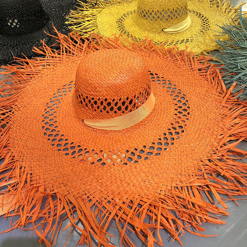 Women Fashion Tassel Big Brim Raffia Colorful Sunshade Hat