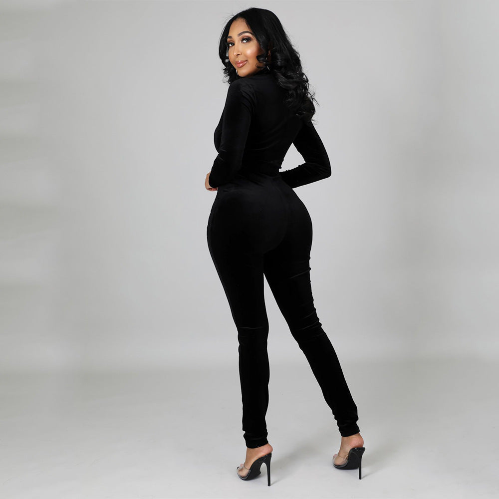 Sexy Skinny Gold Velvet Stitching Long-Sleeved Nightclub Party Jumpsuit