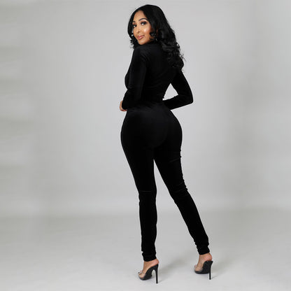 Sexy Skinny Gold Velvet Stitching Long-Sleeved Nightclub Party Jumpsuit