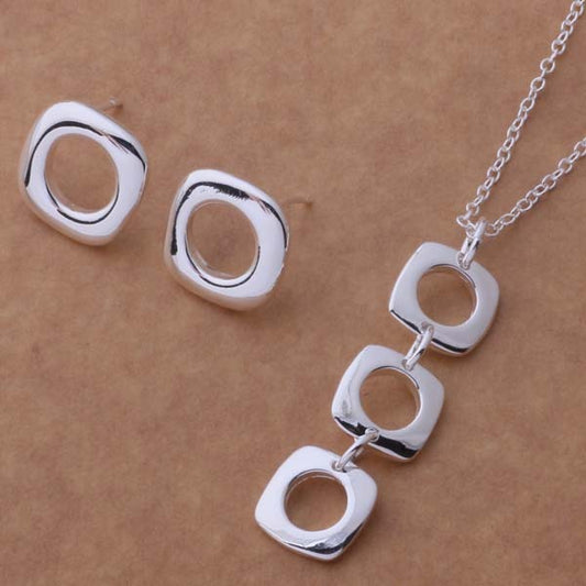 Women Silver Plated Fashion Square Earring Necklace