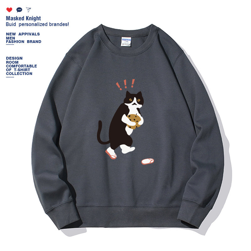 Women Fashionable Solid Color Cat Printed Long Sleeved Sweatshirt Pullover