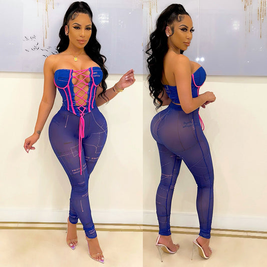 Fashion Sexy Mesh See-Through Chest Wrapped Two-Piece Pant Suit