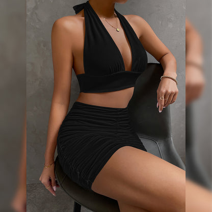 Two-pieces Women Halter Necktie Umbilical Fold V-neck Sling Bag Hip Skirt Set