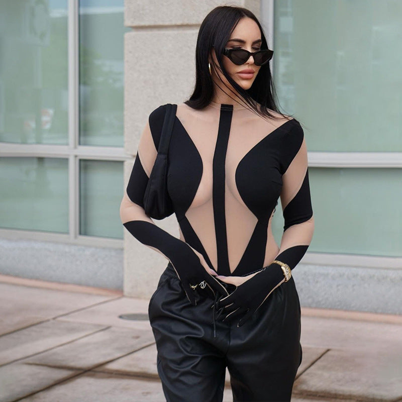 Sexy Fashion Mesh Stitching Long-sleeved Finger Sleeve Bodysuit