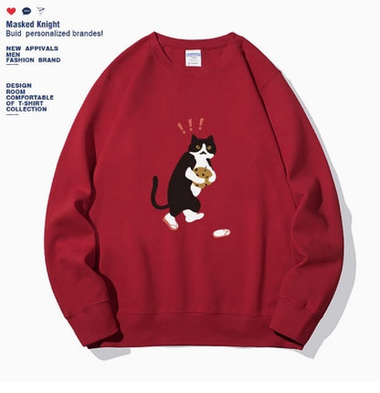 Women Fashionable Solid Color Cat Printed Long Sleeved Sweatshirt Pullover