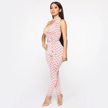 Sexy Printed Halter Nightclub Party Pant Jumpsuit