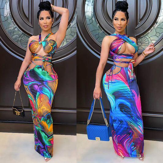 Fashion Sexy Digital Print Breast Wrap Ladies Two-Piece Suit