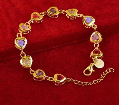 18K Gold Heart inlaid Multi-color Zircon Chain Woman Engagement Party Wedding Bracelet