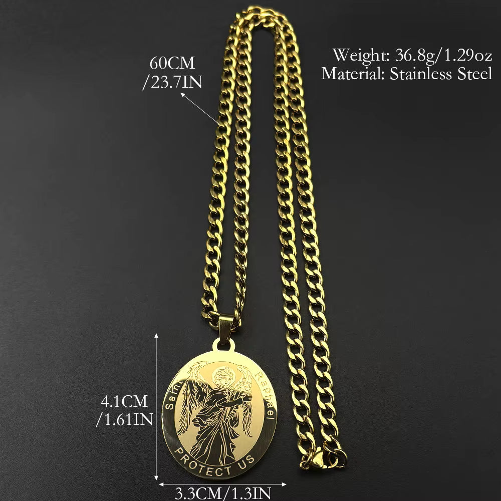 Women Men Gold Color Stainless Steel Christian Archangel Saint Raphael Protect Us Medal Pendant Necklace