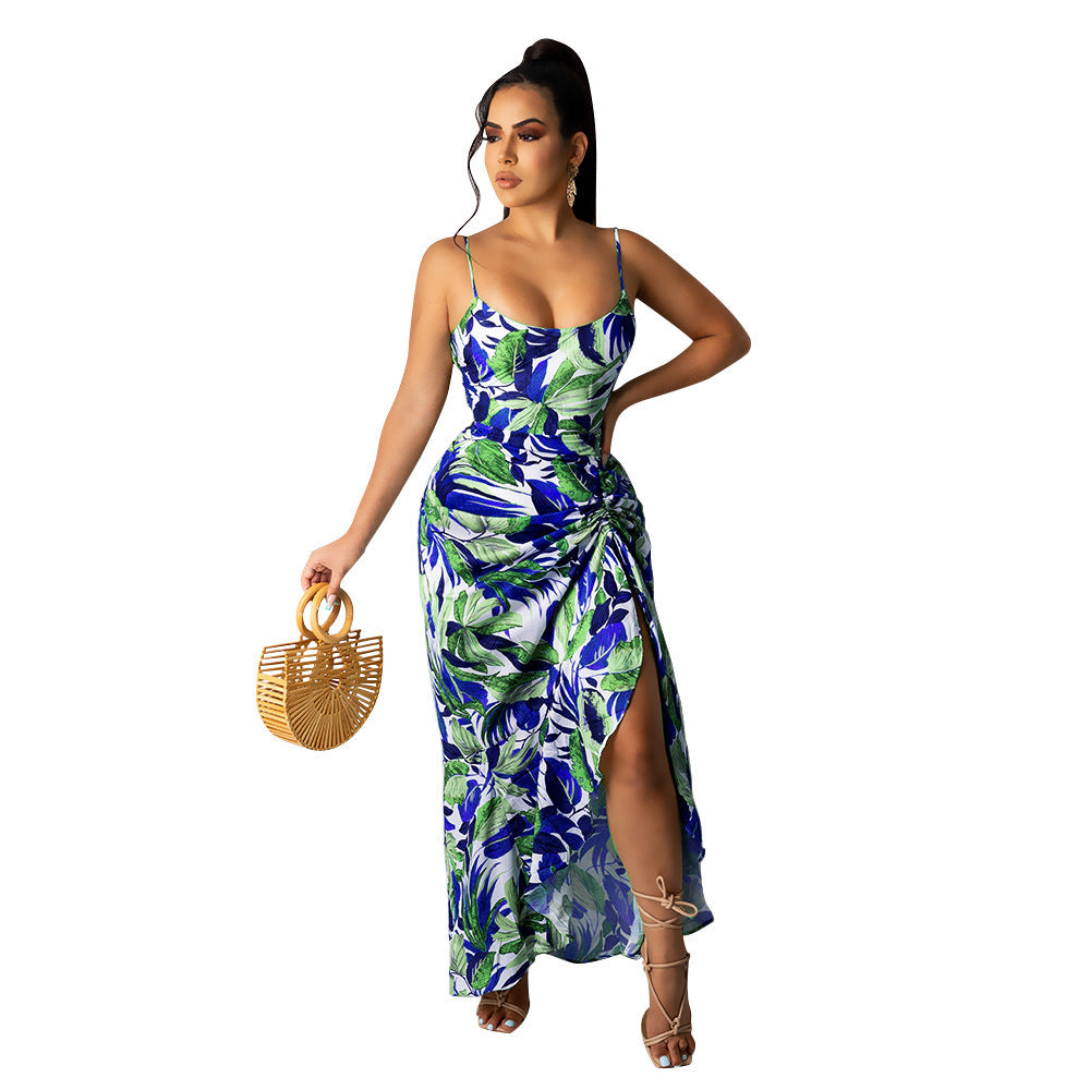Sexy Sling Irregular Printed Long Skirt Party Dress