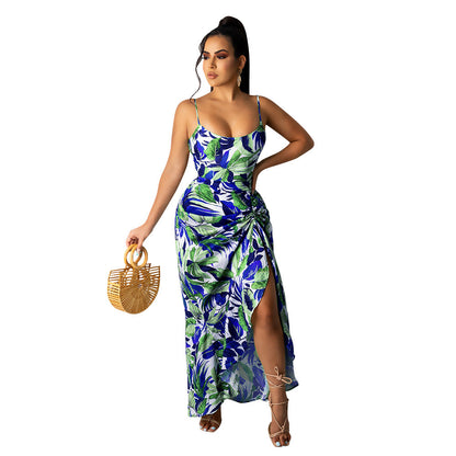 Sexy Sling Irregular Printed Long Skirt Party Dress