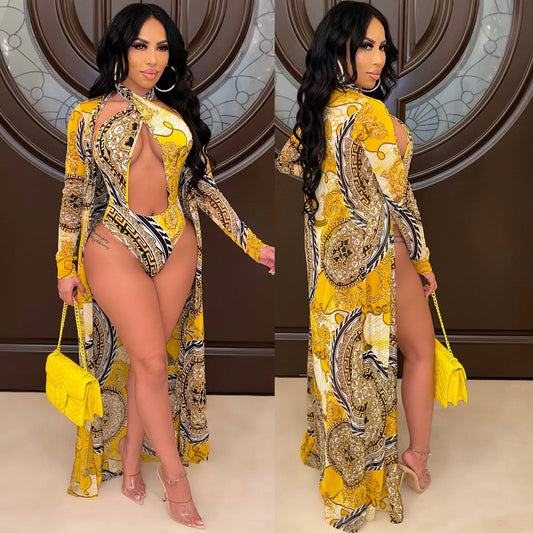 Women's Fashion Print Long Sleeve Cape Swimsuit Two Piece Bikini Dress Suits