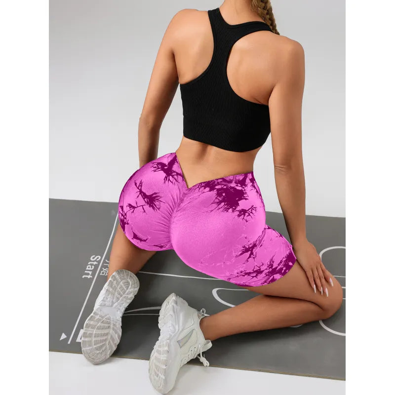 Women Tie Dye High Waist V-Back Scrunch Seamless Sport Workout Bottoms Yoga Shorts Pant