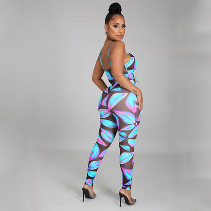 Women Digital Printed Sexy Two-Piece Strap Tops + Pant Trouser Set