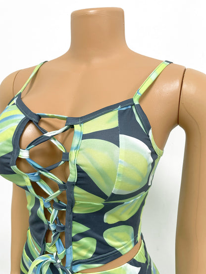 Women Digital Printed Sexy Two-Piece Strap Tops + Pant Trouser Set