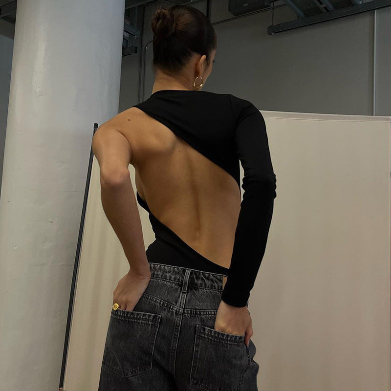 Women Round Neck Long Sleeve Backless Top Bodysuit