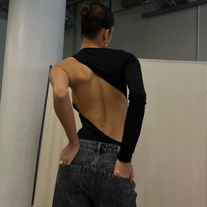 Women Round Neck Long Sleeve Backless Top Bodysuit