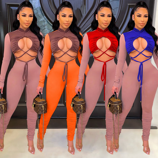 Fashion Sexy Hollow Color Matching Tie Long-Sleeved Party Jumpsuit