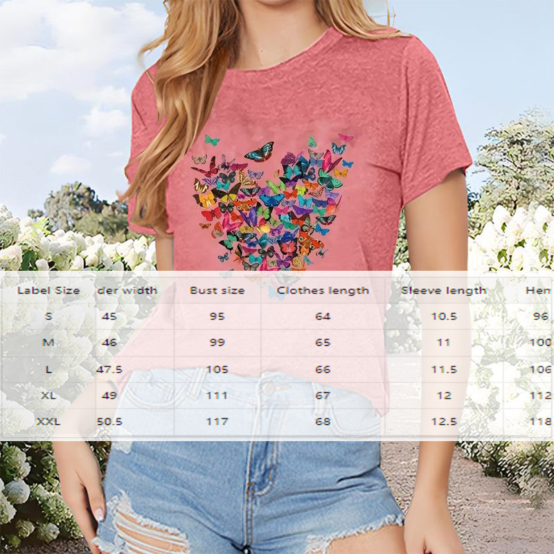 Colorful Butterfly & Heart Print Women's Short Sleeve T-Shirt Tees Tops