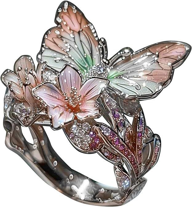 Animal Insect Fashion Adjustable Gold Plated Crystal 3D Shining Diamond Drop Oil Butterfly Flower Rings
