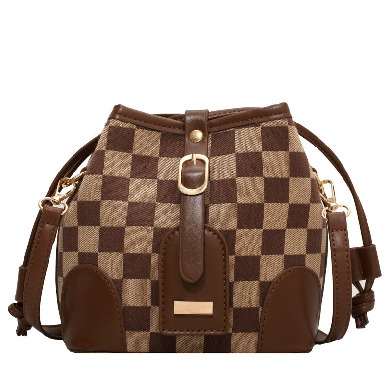 Women Checkered Drawstring Fashion Bucket Shoulder Messenger Handbag Bag