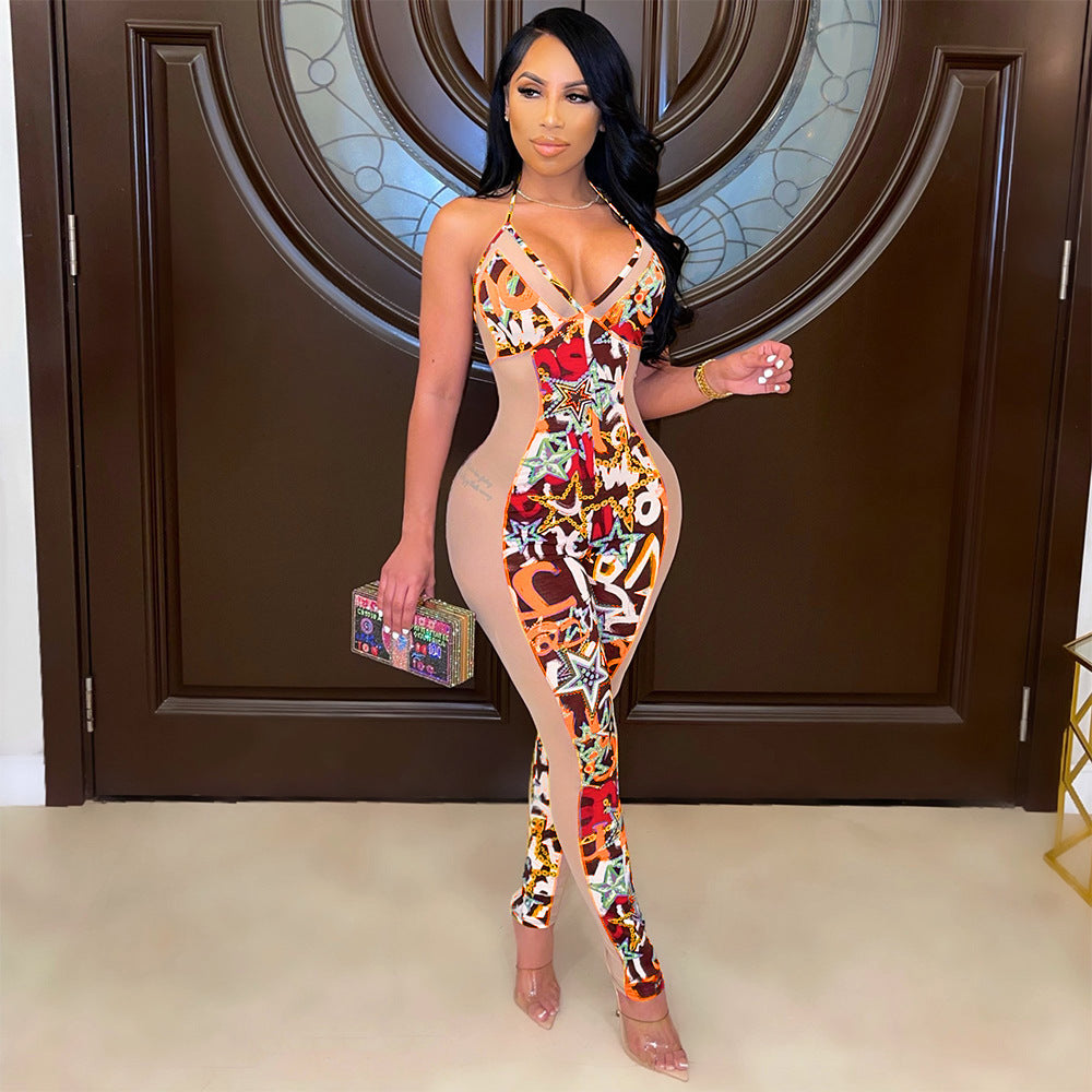 Fashion Sexy Mesh Tight-Fitting Suspender Clubbing Party Jumpsuit