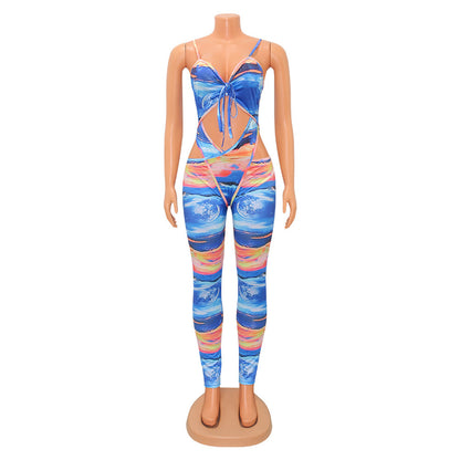 Sexy Women's Fashion Milk Silk Print Cutout Night Club Party Jumpsuit