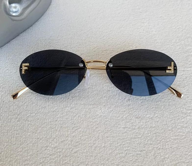 Women Fashion Rimless UV400 Oval Diamond F Letter Sunglasses Eyewear