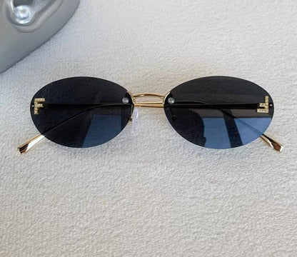 Women Fashion Rimless UV400 Oval Diamond F Letter Sunglasses Eyewear