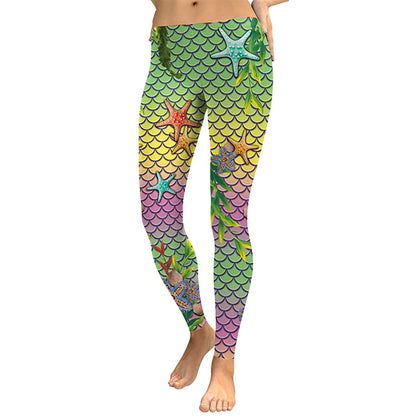 Women Mermaid Ocean Starfish Fish Scales Digital Print Leggings Workout Pants