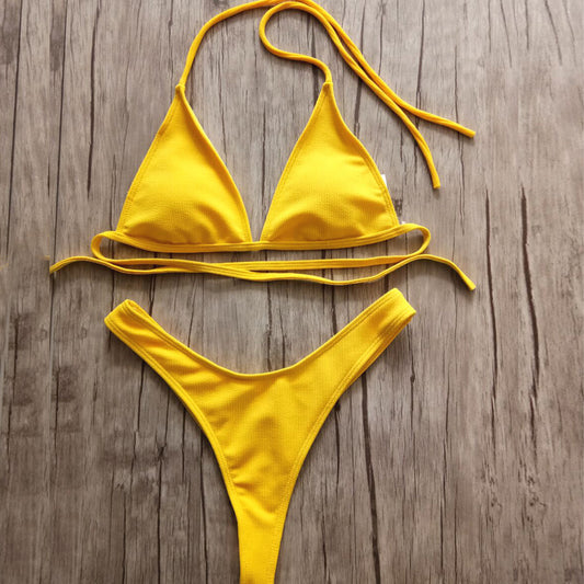 Sext Hanging neck gathered split bikini Swim Bathing Suits