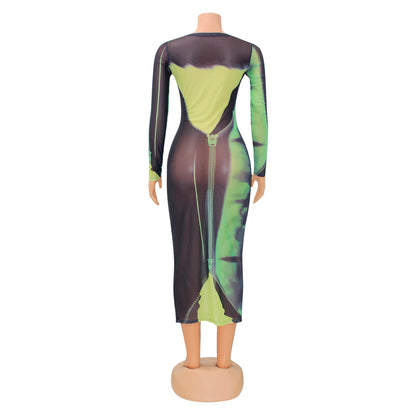 Sexy Fashion Mesh Print Long Sleeve Midi Might Club Party Dress