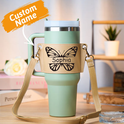 Personalized Butterfly Adjustable Strap Drink Water Bottle Sleeves Carrier Gift Bag - 40oz Stanley Tumbler